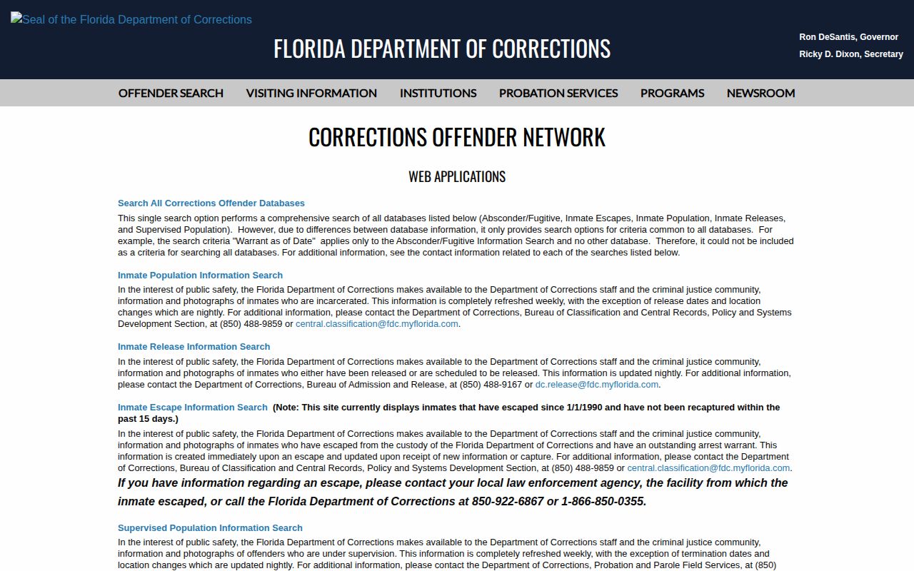 Florida corrections search paths for Calhoun County released inmate records