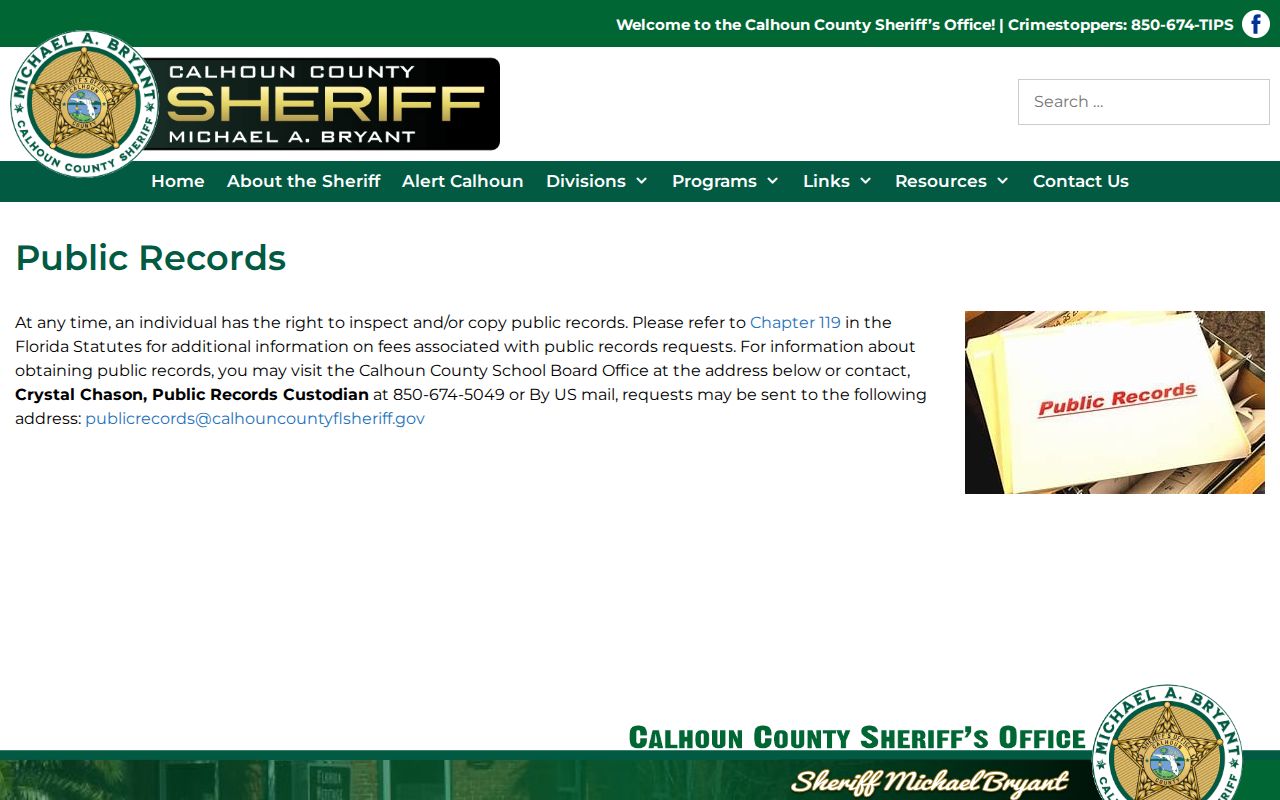 Calhoun County public records source for requesting a released inmate booking photo
