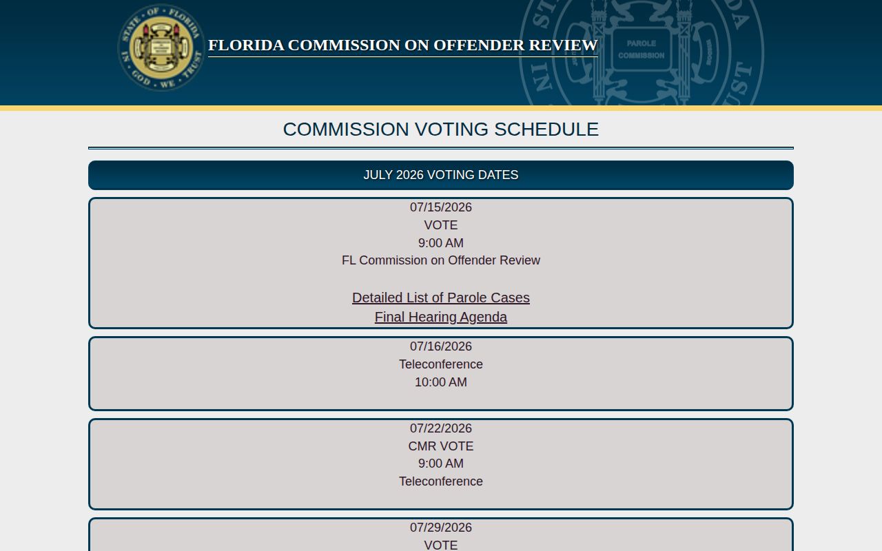 FCOR calendar for Calhoun County parole decision research