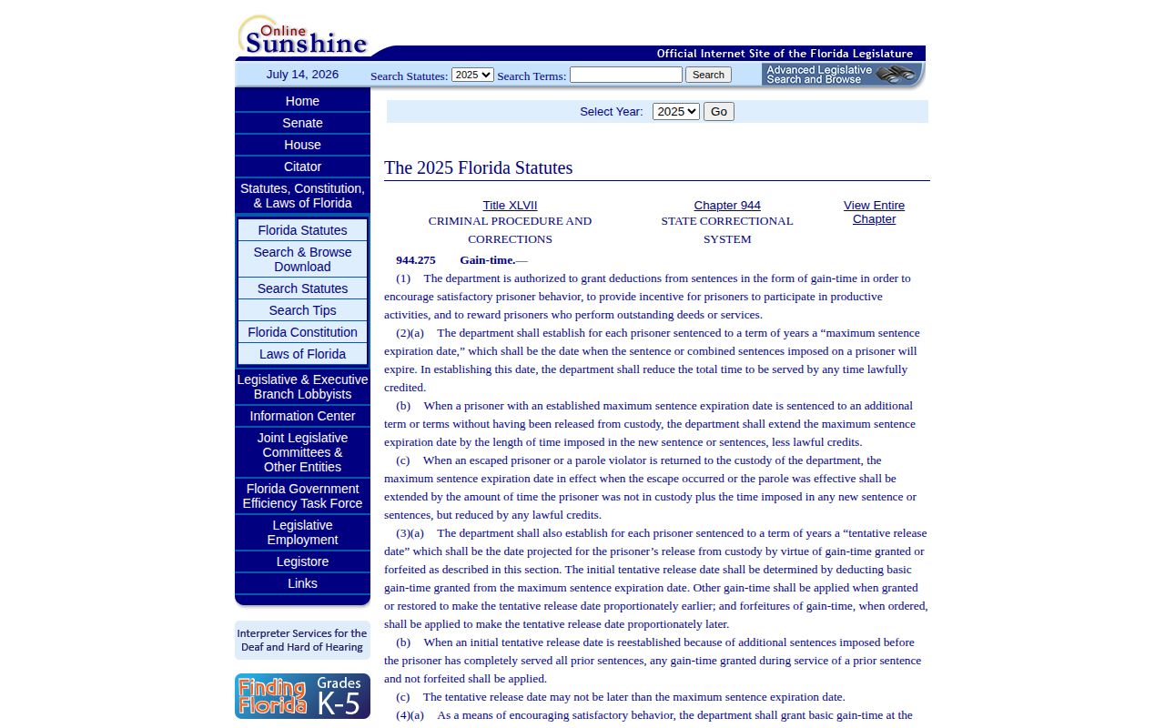 Florida gain-time statute for Calhoun County projected release dates